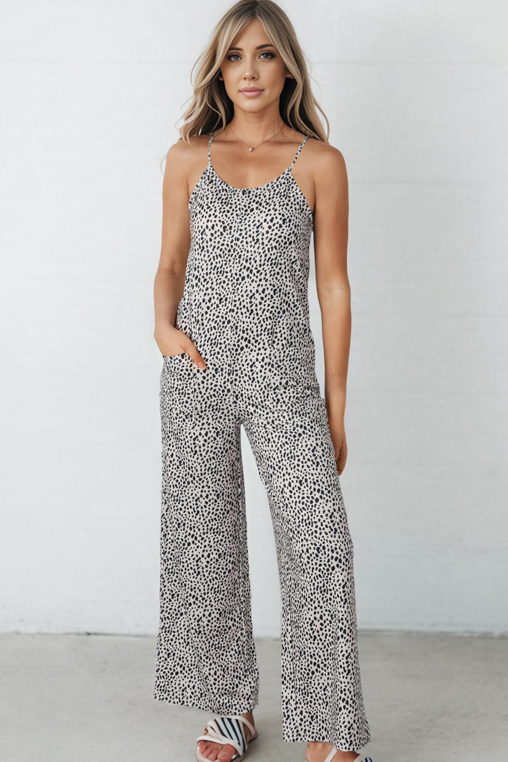 Printed Spaghetti Strap Jumpsuit with Pockets The Stout Steer