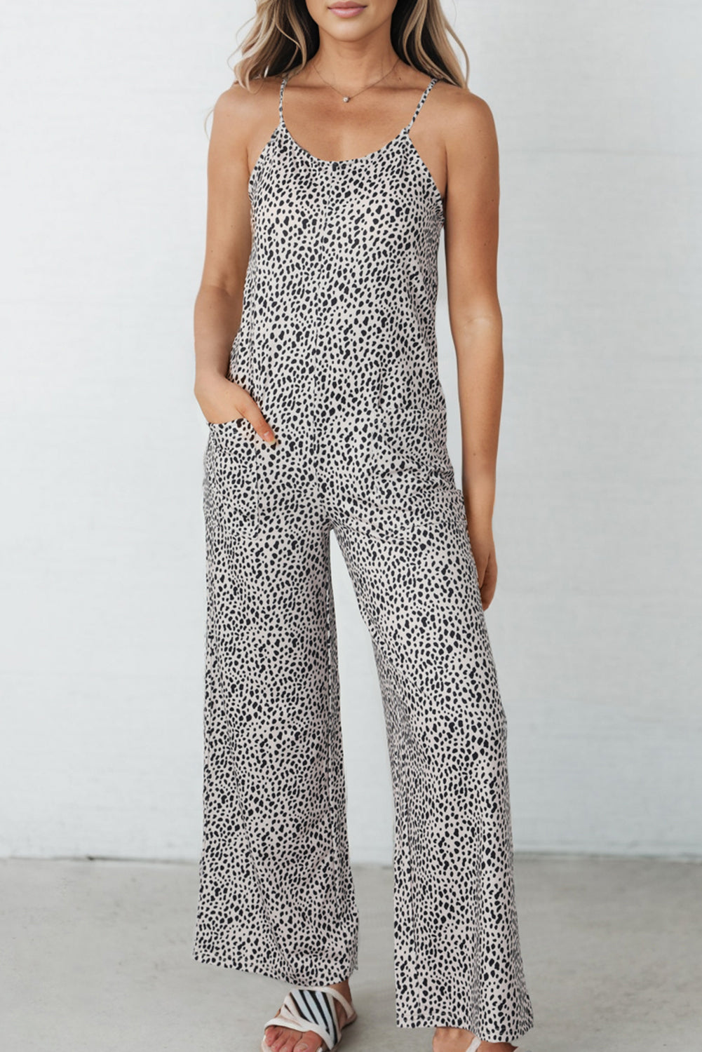 Printed Spaghetti Strap Jumpsuit with Pockets The Stout Steer