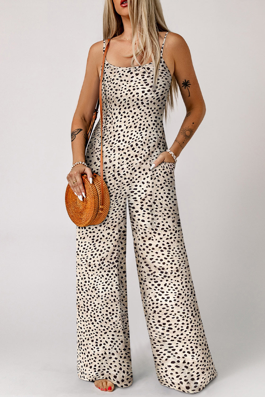 Printed Spaghetti Strap Jumpsuit with Pockets The Stout Steer