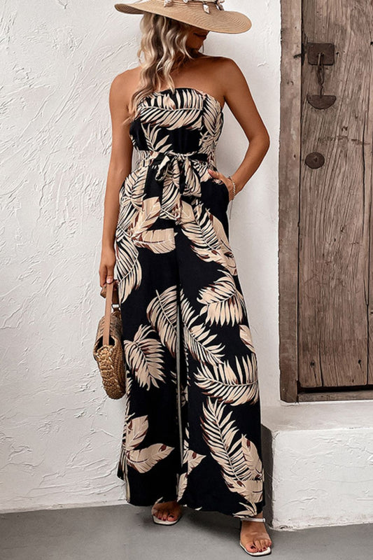 Printed Strapless Wide Leg Jumpsuit with Pockets The Stout Steer