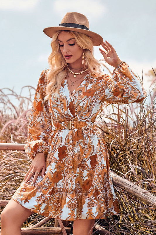 Printed Surplice Neck Long Sleeve Dress The Stout Steer