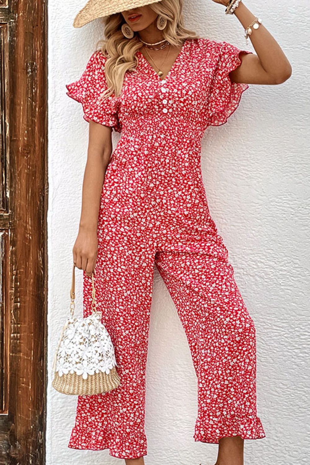 Printed Tie Back Ruffled Jumpsuit The Stout Steer