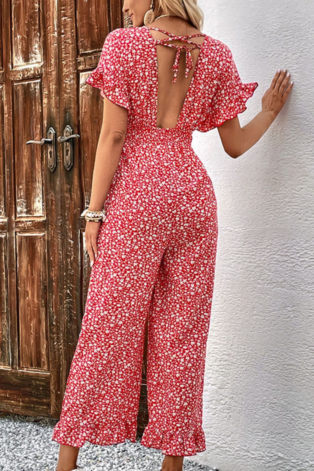 Printed Tie Back Ruffled Jumpsuit The Stout Steer