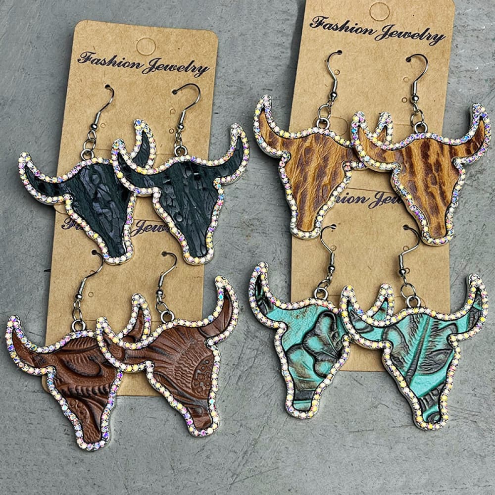 Rhinestone Trim Alloy Bull Earrings The Stout Steer