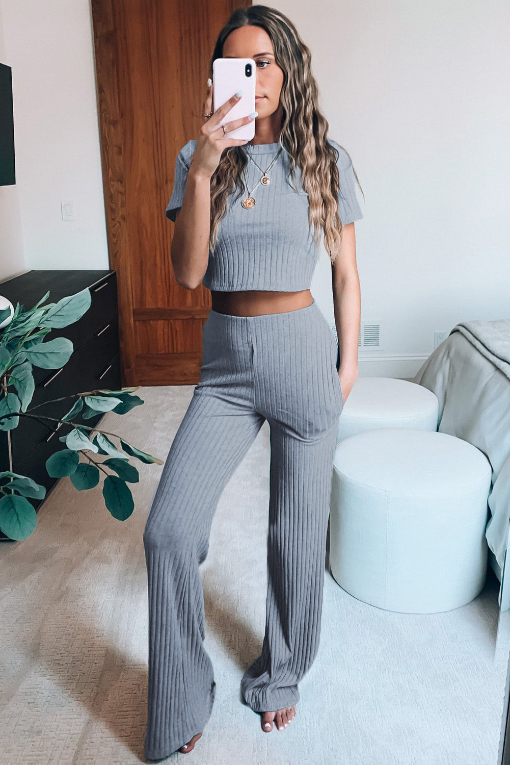 Ribbed Crop T-Shirt and Wide Leg Pants Lounge Set The Stout Steer