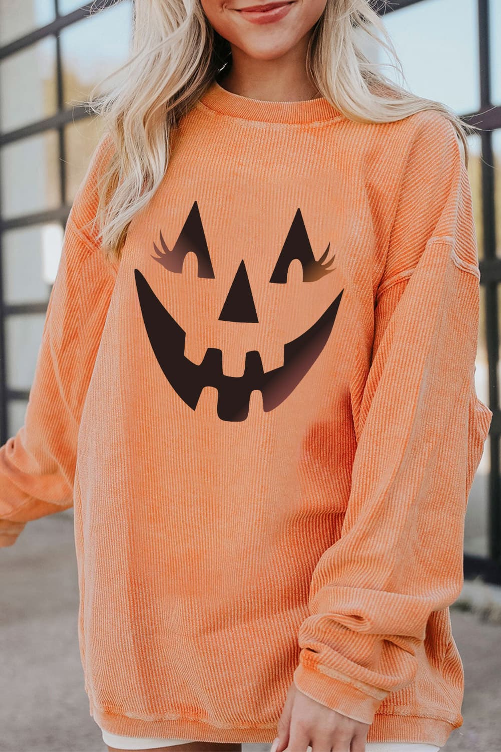 Round Neck Dropped Shoulder Jack-O'-Lantern Graphic Sweatshirt The Stout Steer