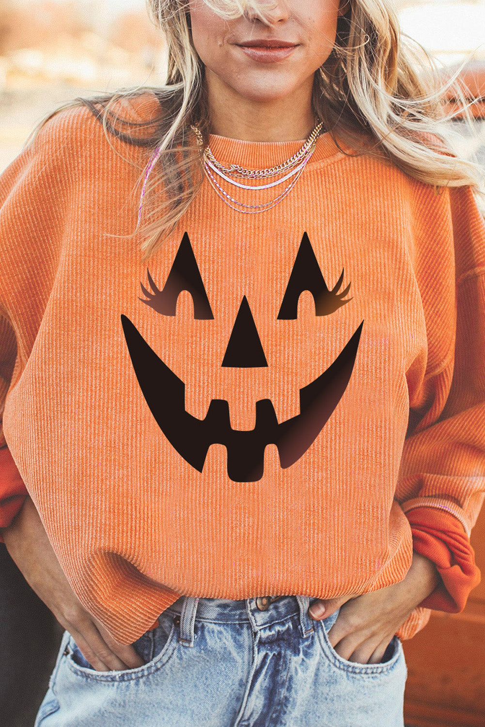 Round Neck Dropped Shoulder Jack-O'-Lantern Graphic Sweatshirt The Stout Steer