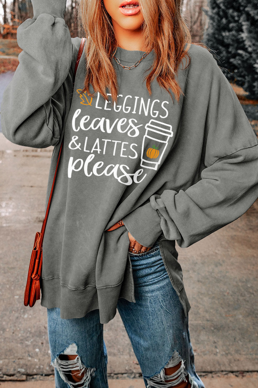 Round Neck Dropped Shoulder LEGGINGS LEAVES LATTES PLEASE Graphic Sweatshirt The Stout Steer