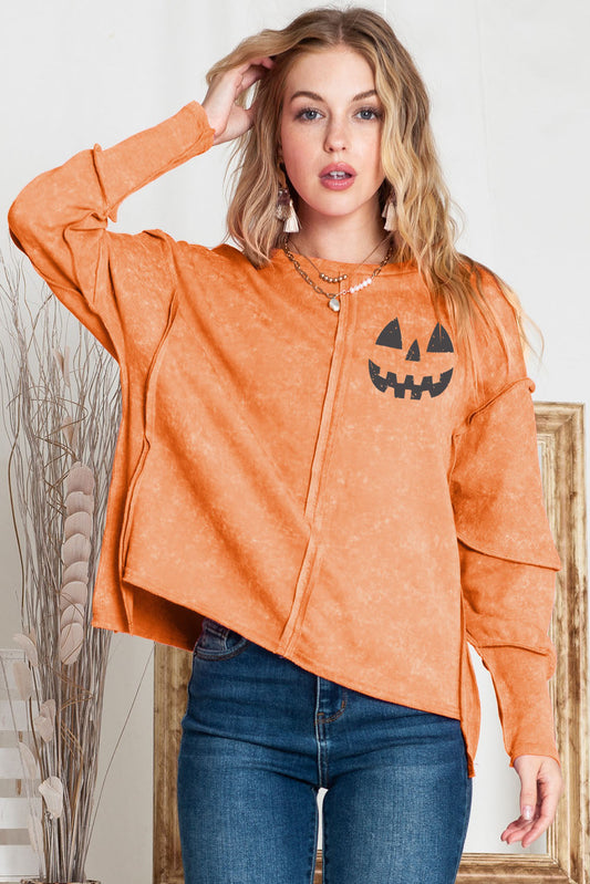 Round Neck Long Sleeve Jack-O'-Lantern Graphic Blouse The Stout Steer