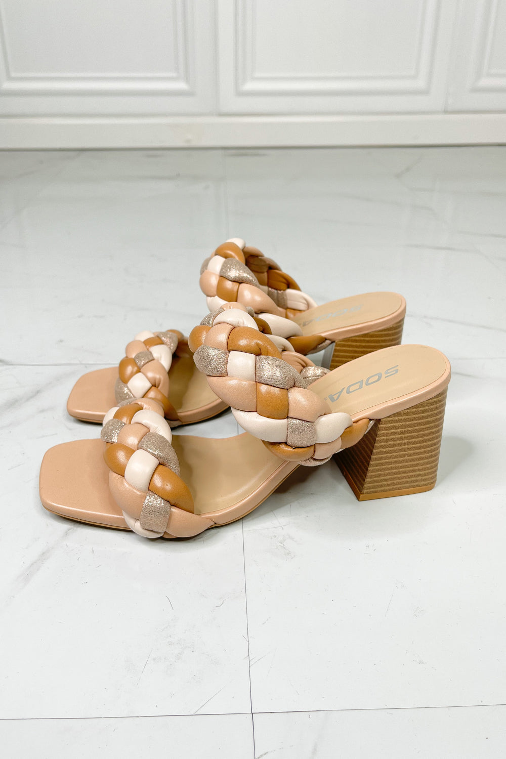 SODA Interwoven Ideas Braided Strap Block Heel Slide Sandal in Nude The Stout Steer