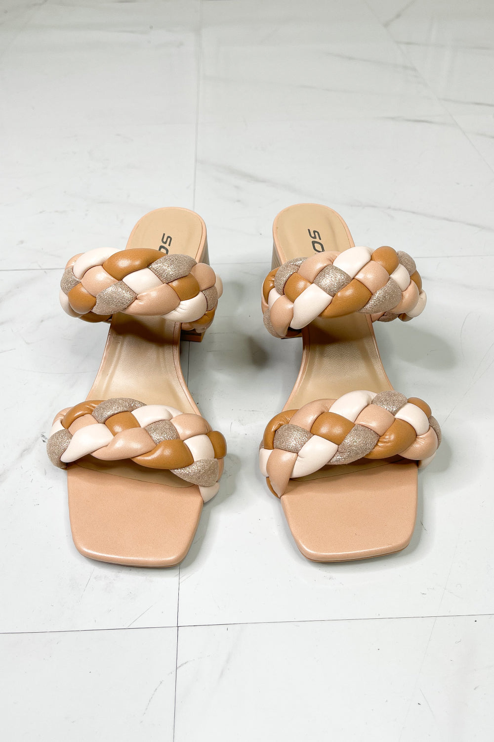 SODA Interwoven Ideas Braided Strap Block Heel Slide Sandal in Nude The Stout Steer