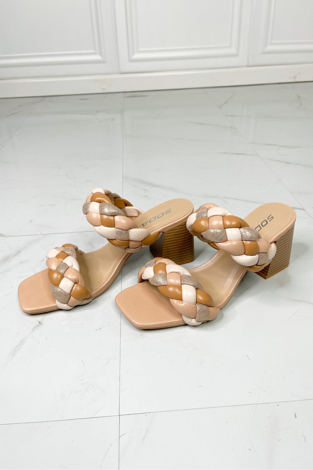 SODA Interwoven Ideas Braided Strap Block Heel Slide Sandal in Nude The Stout Steer