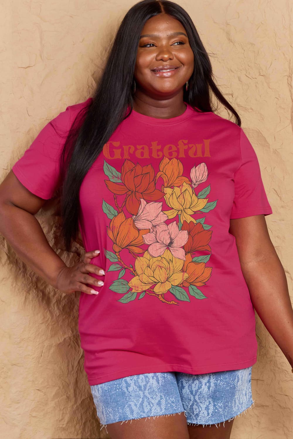 Simply Love Full Size GRATEFUL Flower Graphic Cotton T-Shirt The Stout Steer