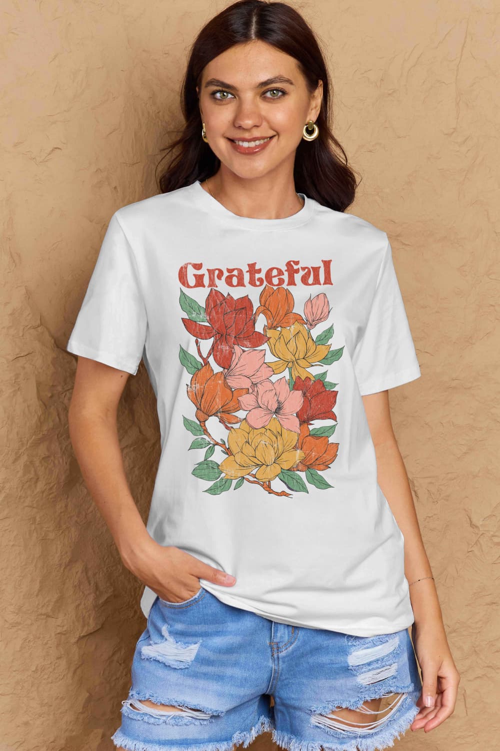 Simply Love Full Size GRATEFUL Flower Graphic Cotton T-Shirt The Stout Steer