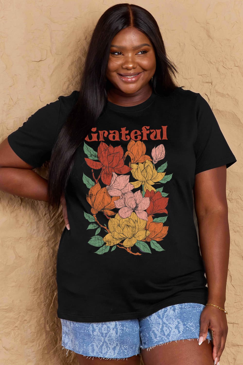 Simply Love Full Size GRATEFUL Flower Graphic Cotton T-Shirt The Stout Steer