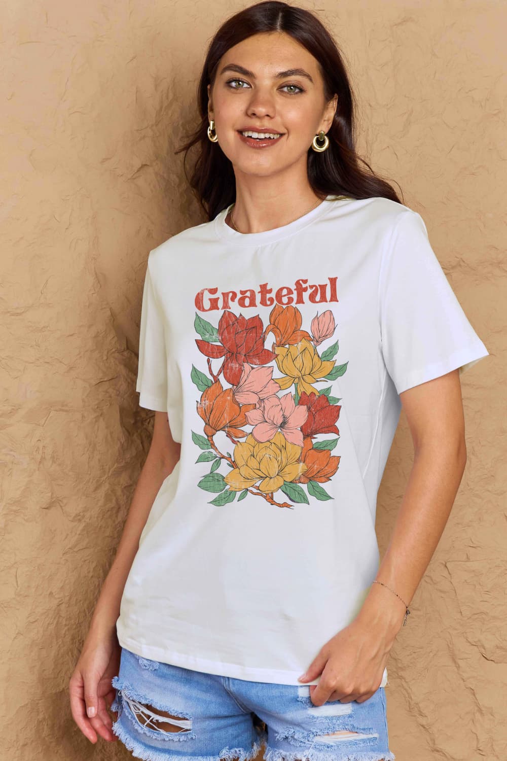 Simply Love Full Size GRATEFUL Flower Graphic Cotton T-Shirt The Stout Steer