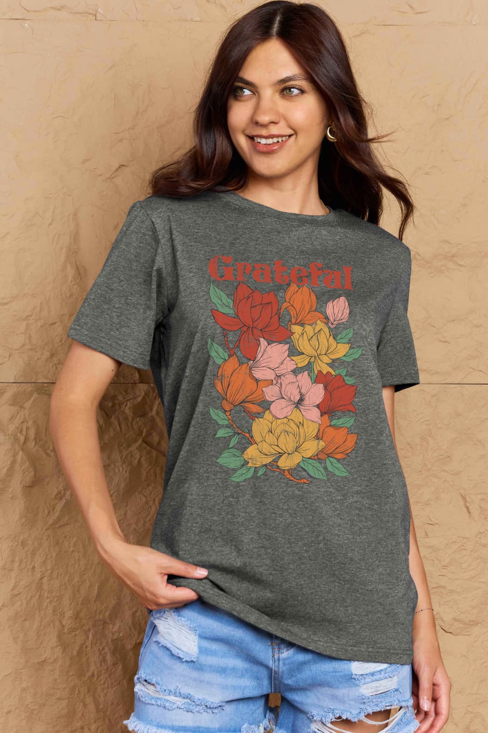 Simply Love Full Size GRATEFUL Flower Graphic Cotton T-Shirt The Stout Steer