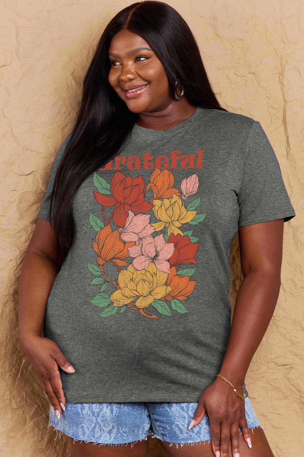 Simply Love Full Size GRATEFUL Flower Graphic Cotton T-Shirt The Stout Steer