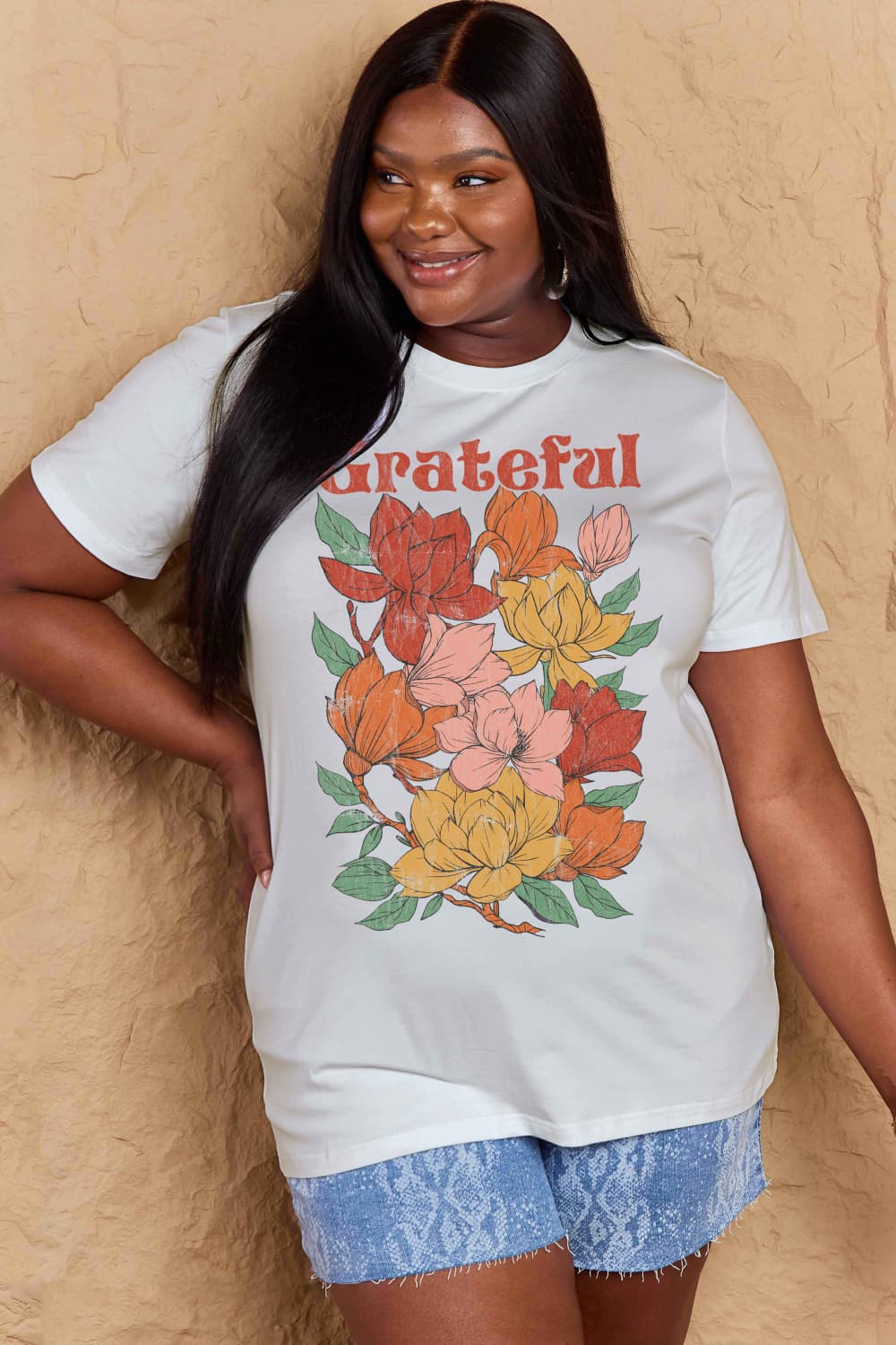 Simply Love Full Size GRATEFUL Flower Graphic Cotton T-Shirt The Stout Steer