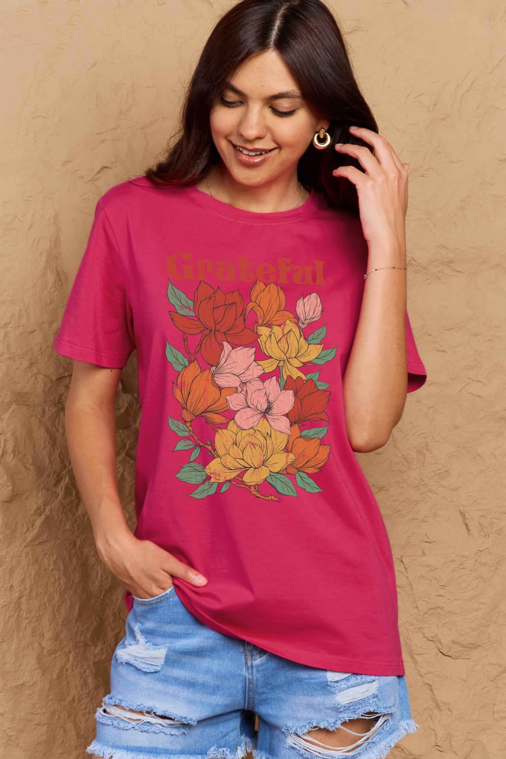 Simply Love Full Size GRATEFUL Flower Graphic Cotton T-Shirt The Stout Steer