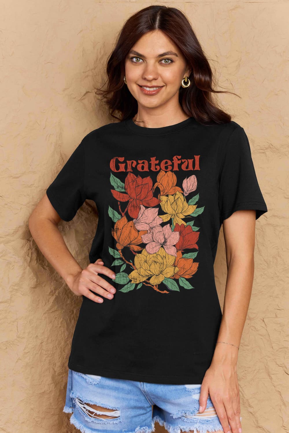 Simply Love Full Size GRATEFUL Flower Graphic Cotton T-Shirt The Stout Steer