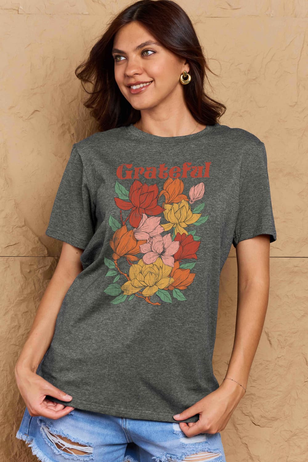 Simply Love Full Size GRATEFUL Flower Graphic Cotton T-Shirt The Stout Steer