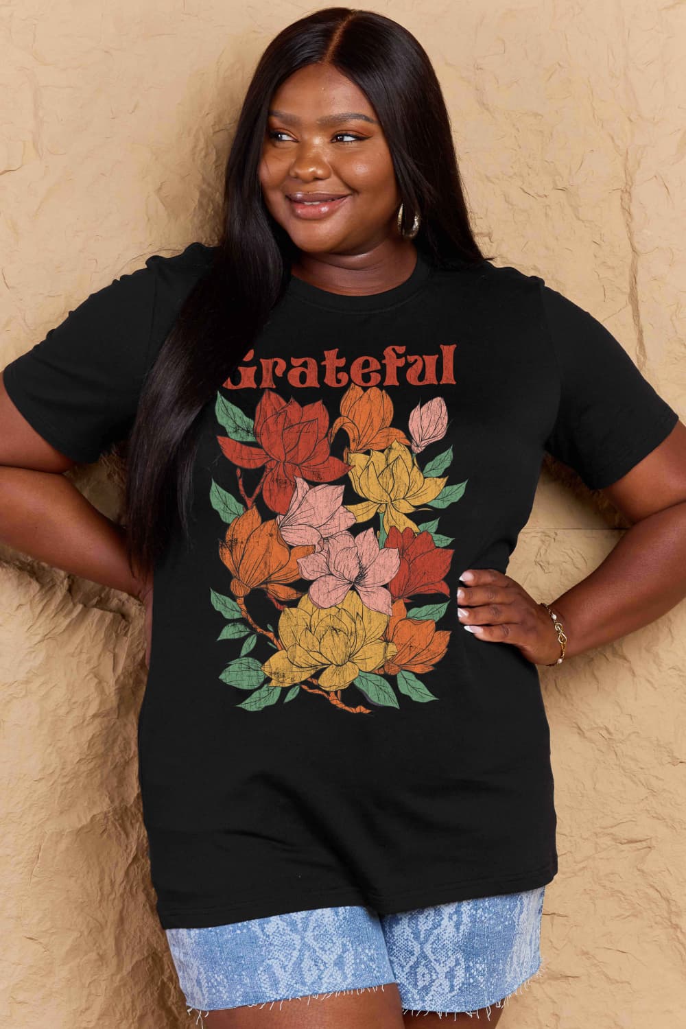 Simply Love Full Size GRATEFUL Flower Graphic Cotton T-Shirt The Stout Steer