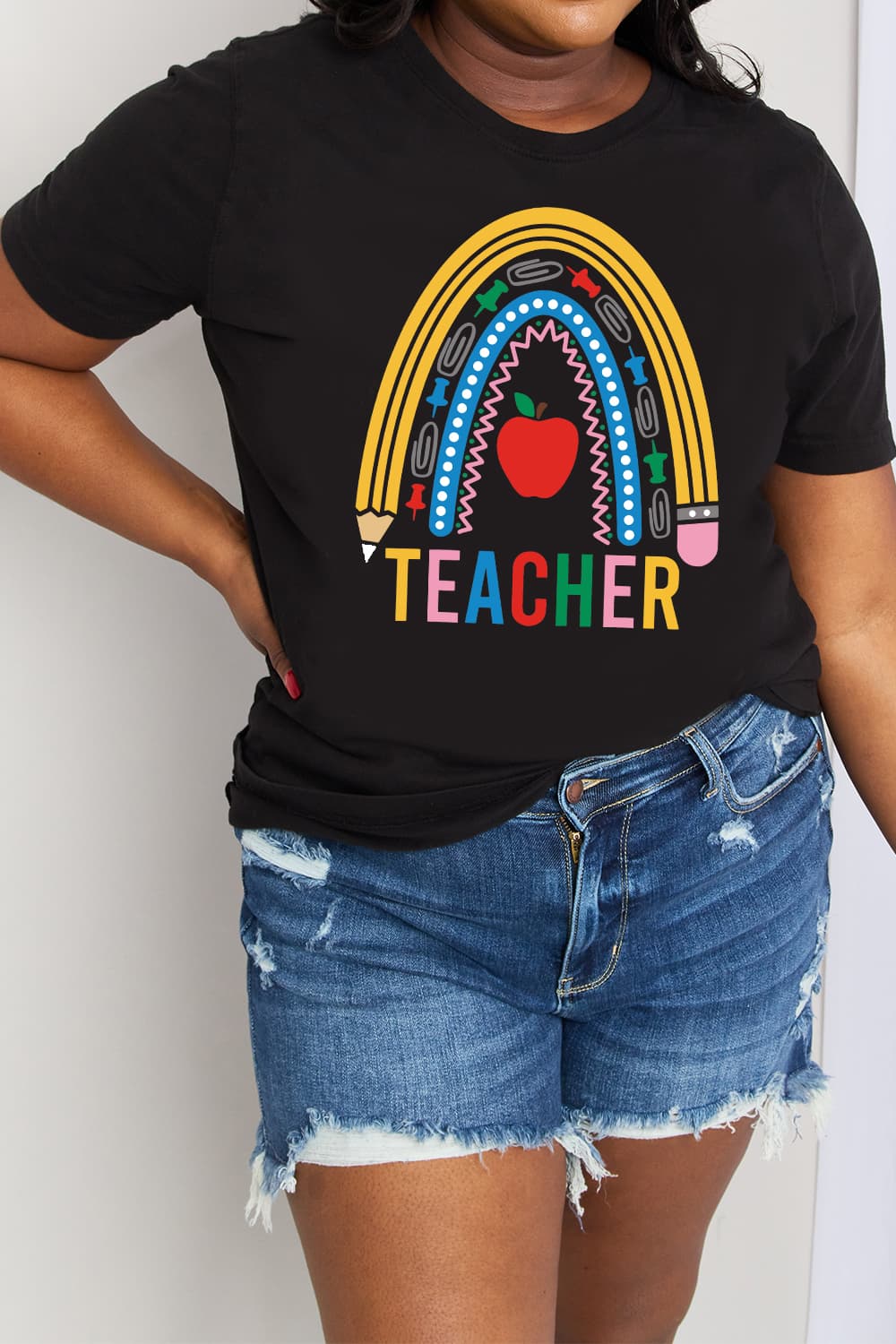 Simply Love Full Size TEACHER Rainbow Graphic Cotton Tee The Stout Steer