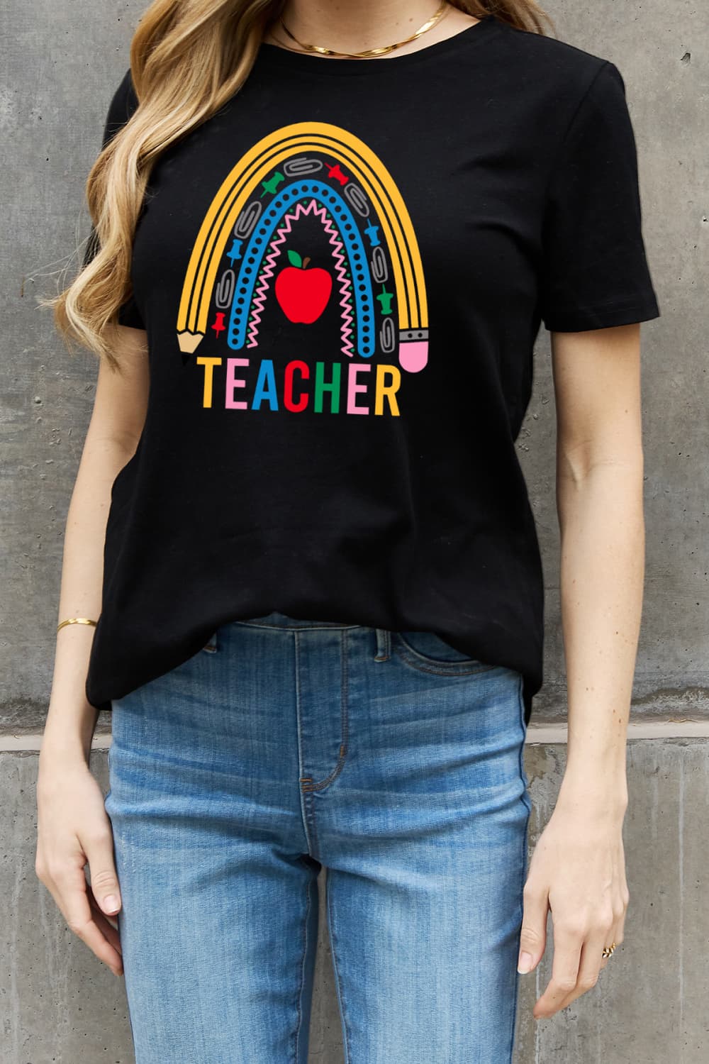 Simply Love Full Size TEACHER Rainbow Graphic Cotton Tee The Stout Steer