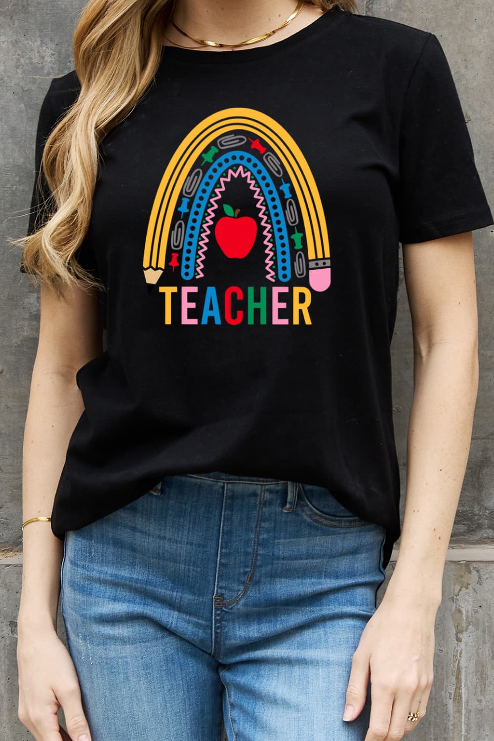 Simply Love Full Size TEACHER Rainbow Graphic Cotton Tee The Stout Steer