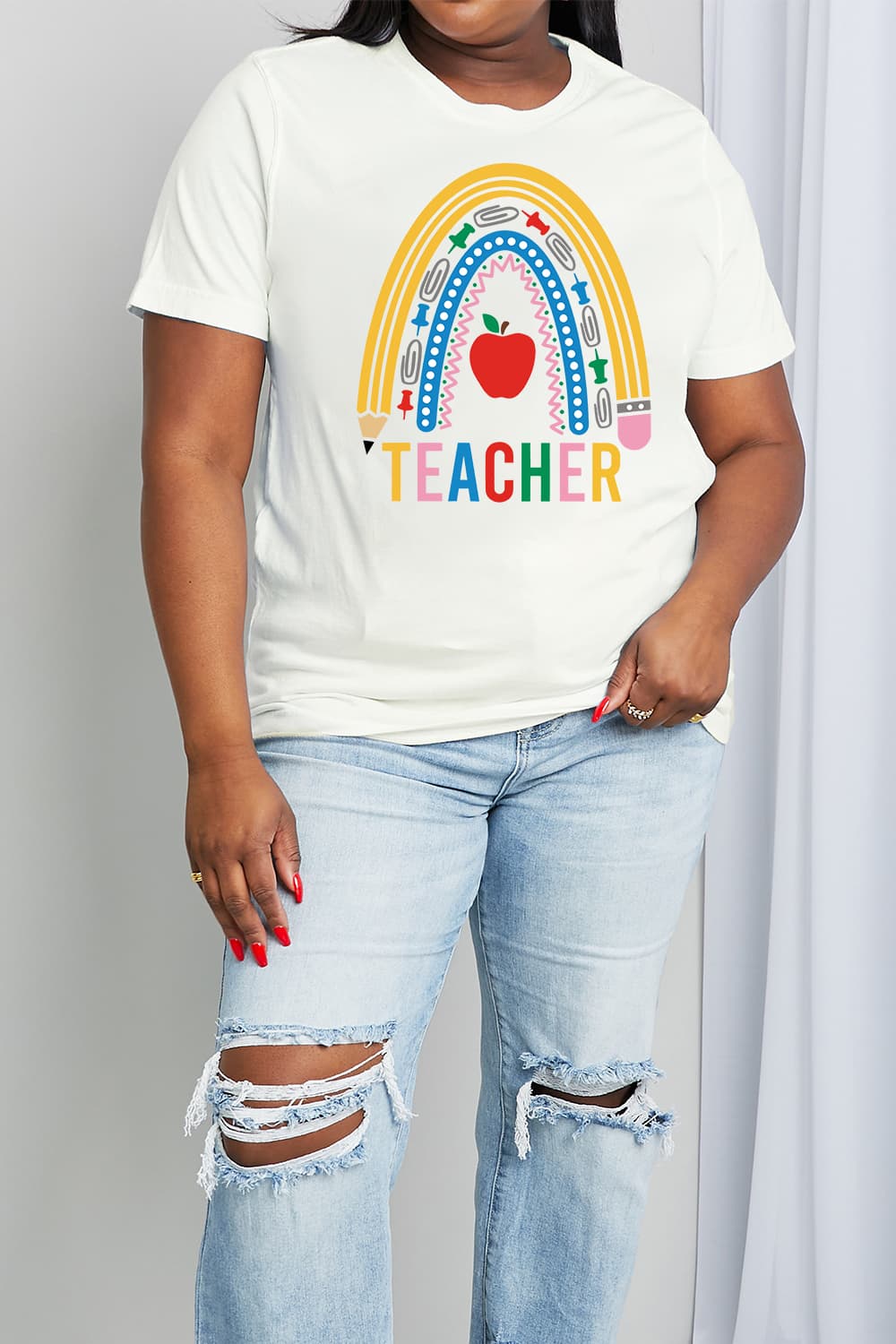 Simply Love Full Size TEACHER Rainbow Graphic Cotton Tee The Stout Steer