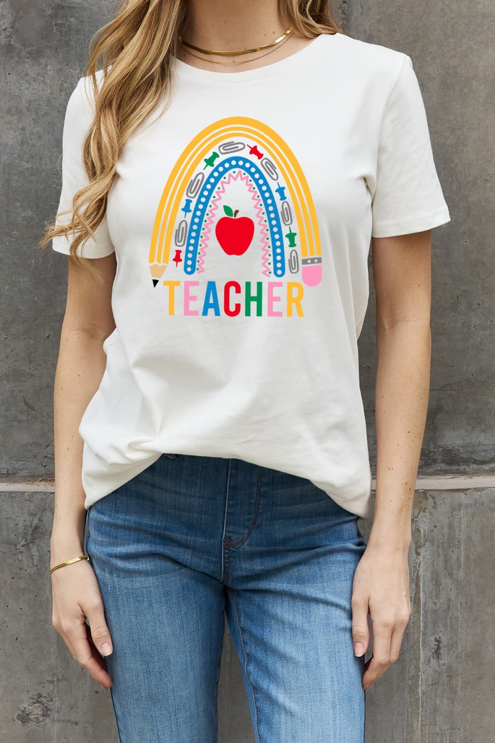 Simply Love Full Size TEACHER Rainbow Graphic Cotton Tee The Stout Steer