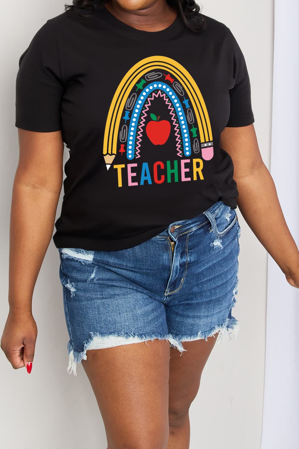 Simply Love Full Size TEACHER Rainbow Graphic Cotton Tee The Stout Steer