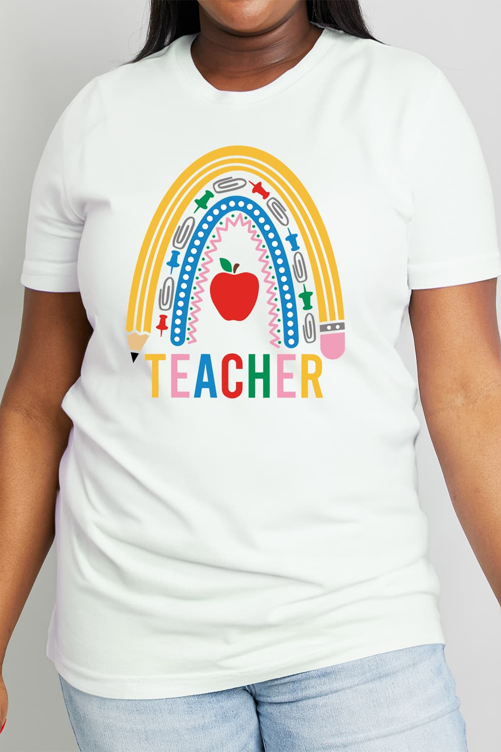 Simply Love Full Size TEACHER Rainbow Graphic Cotton Tee The Stout Steer