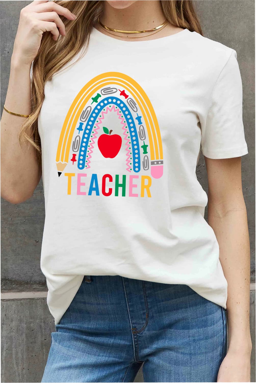 Simply Love Full Size TEACHER Rainbow Graphic Cotton Tee The Stout Steer