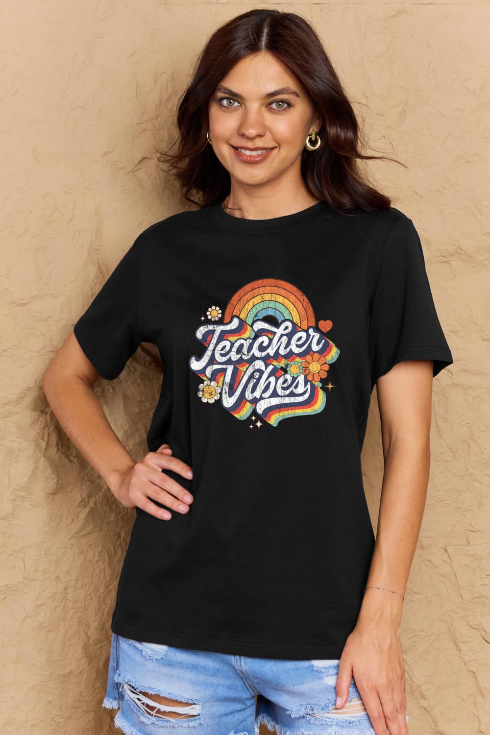 Simply Love Full Size TEACHER VIBES Graphic Cotton T-Shirt The Stout Steer