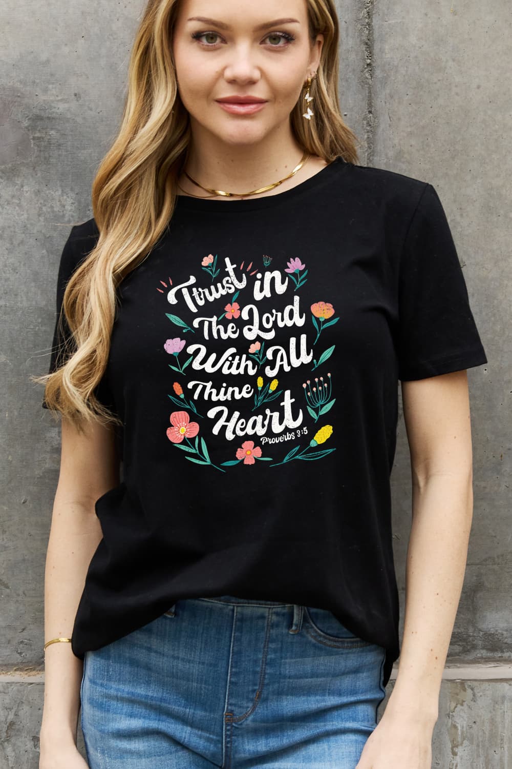 Simply Love Full Size TRUST IN THE LORD WITH ALL THINE HEART PROVERBS 3:5 Graphic Cotton Tee The Stout Steer