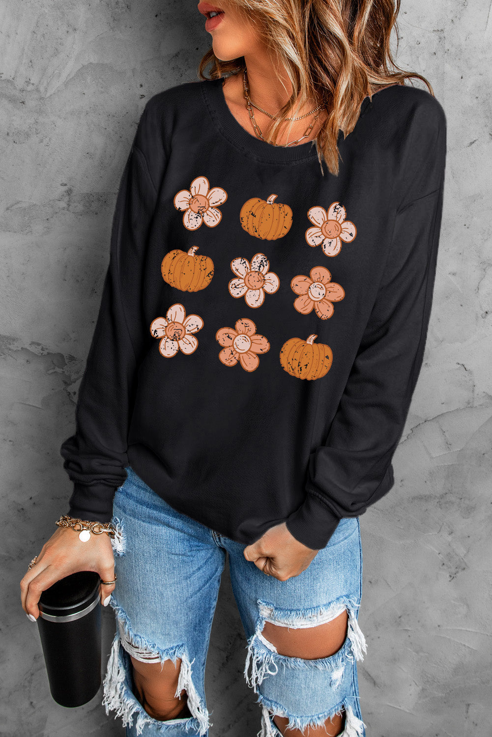 Simply Love Round Neck Long Sleeve Pumpkin & Flower Graphic Sweatshirt The Stout Steer