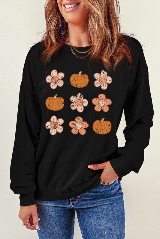 Simply Love Round Neck Long Sleeve Pumpkin & Flower Graphic Sweatshirt The Stout Steer