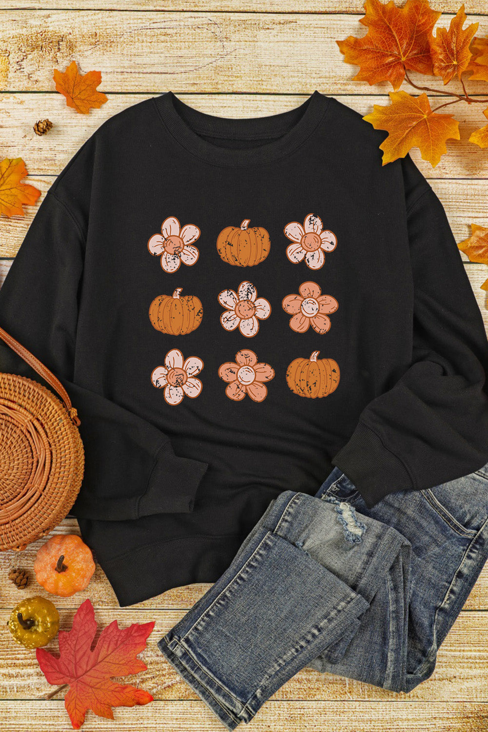 Simply Love Round Neck Long Sleeve Pumpkin & Flower Graphic Sweatshirt The Stout Steer