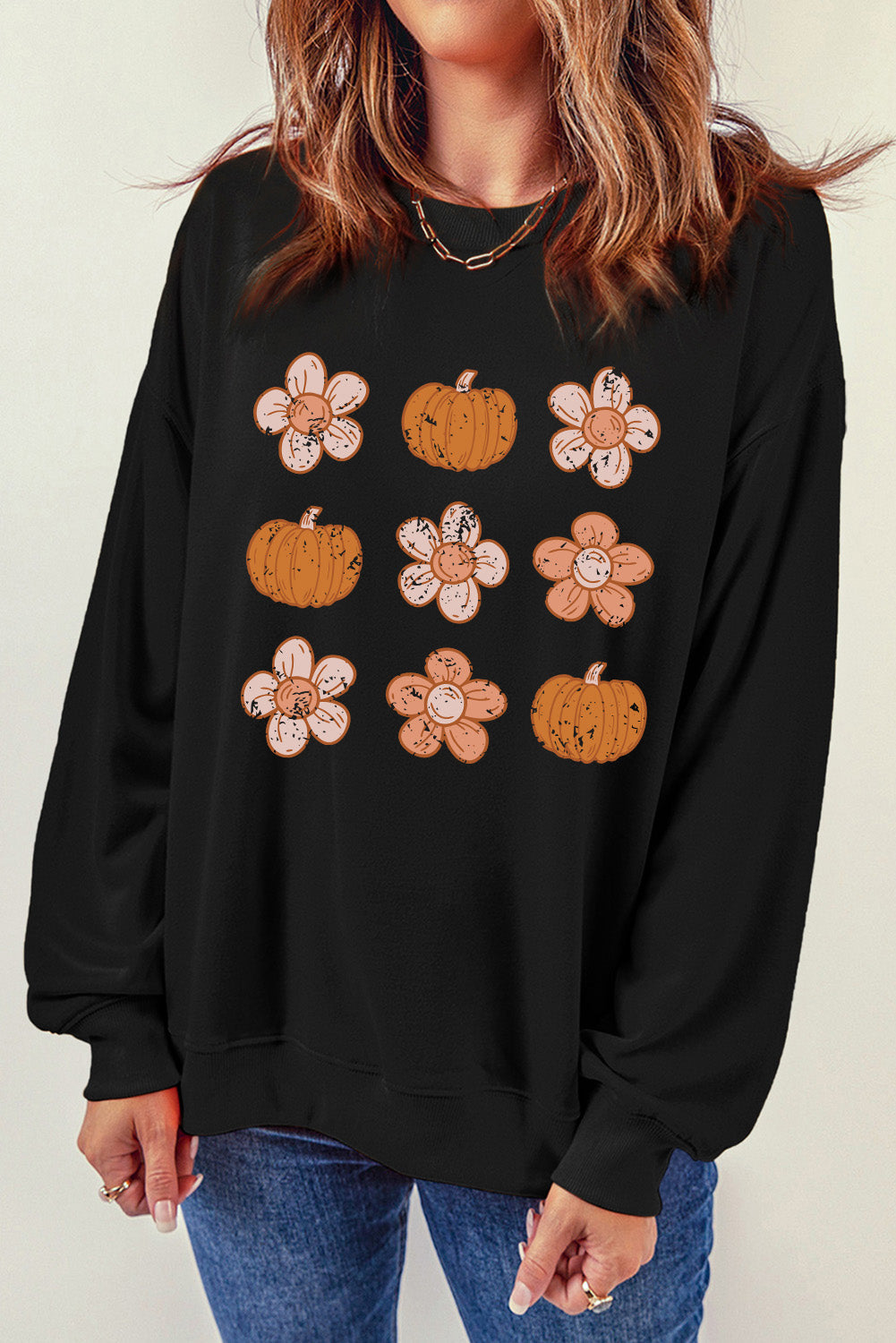 Simply Love Round Neck Long Sleeve Pumpkin & Flower Graphic Sweatshirt The Stout Steer