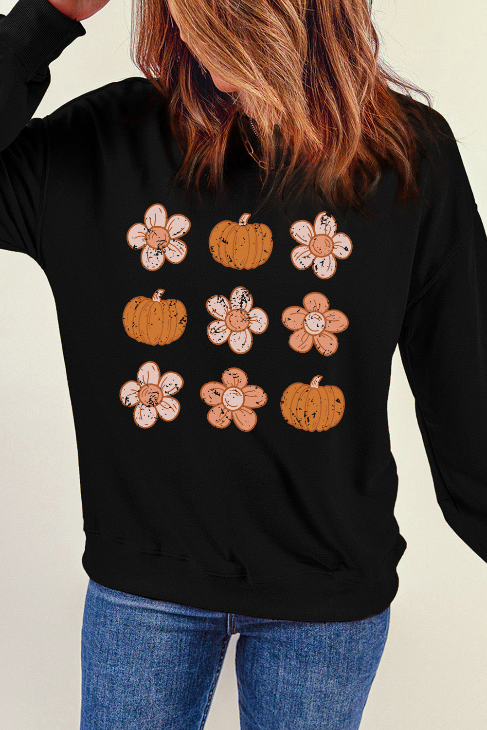 Simply Love Round Neck Long Sleeve Pumpkin & Flower Graphic Sweatshirt The Stout Steer