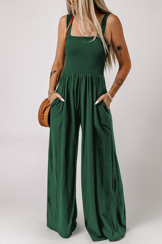 Smocked Square Neck Wide Leg Jumpsuit with Pockets The Stout Steer