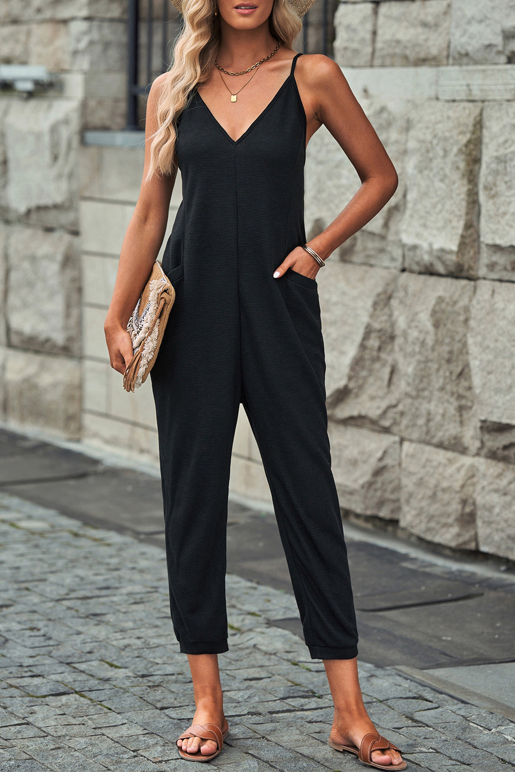 Spaghetti Strap Deep V Jumpsuit with Pockets The Stout Steer