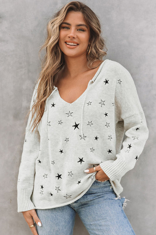 Star V-Neck Roll Hem Drop Shoulder Sweater The Stout Steer
