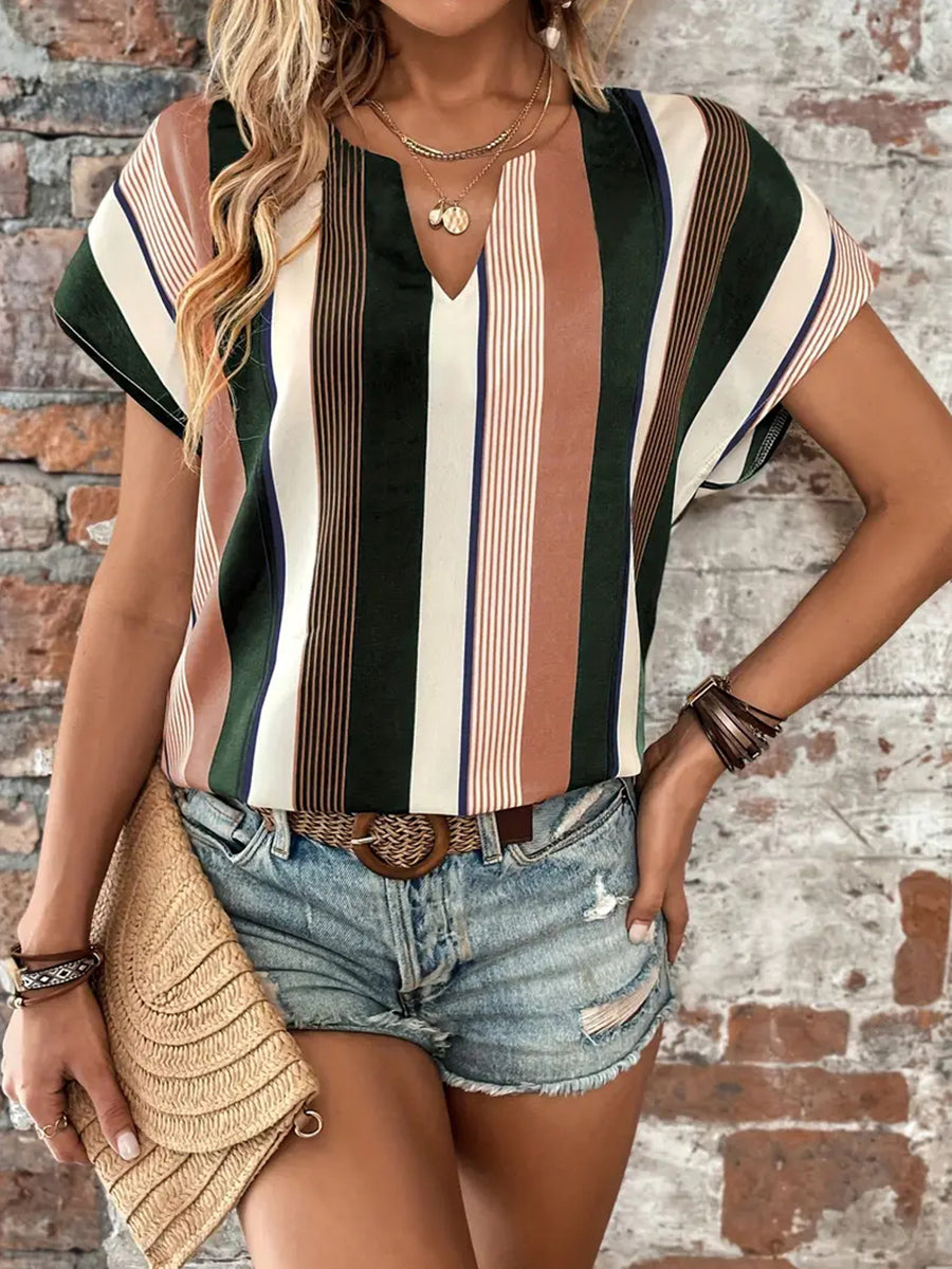 Striped Notched Neck Short Sleeve Blouse The Stout Steer