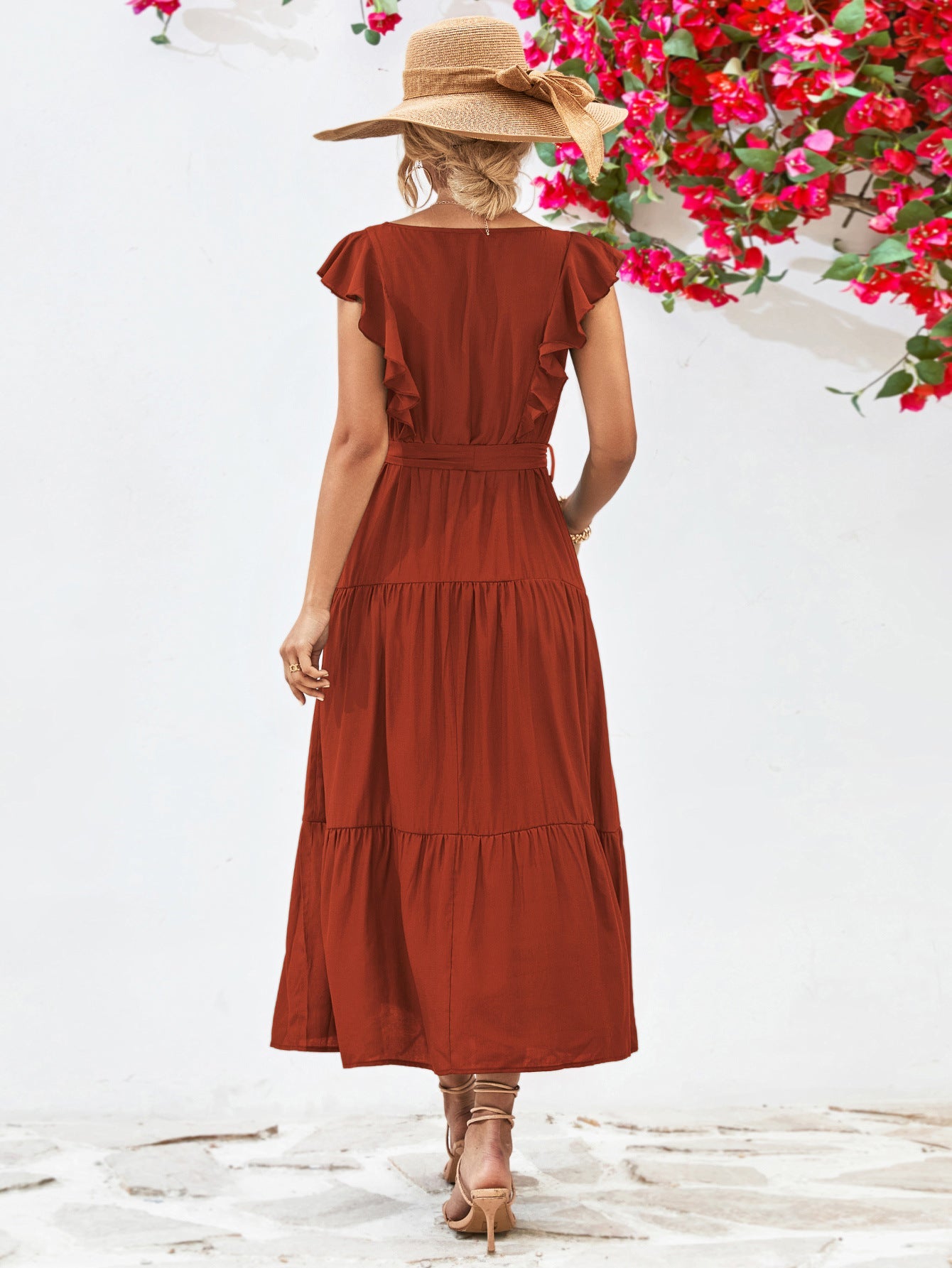 Tie Belt Ruffled Tiered Dress The Stout Steer