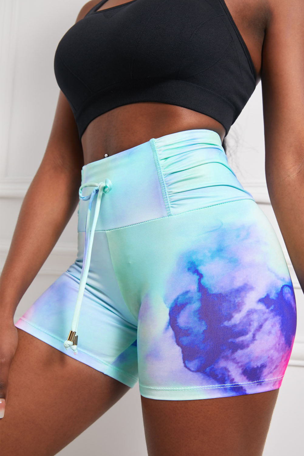 Tie-Dye Tie Detail Ruched Sports Shorts The Stout Steer