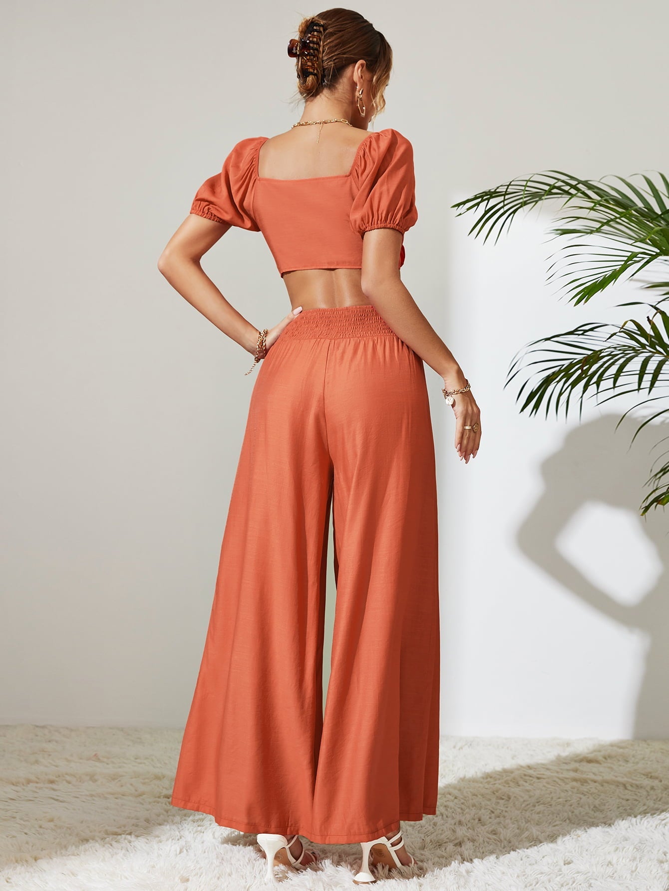 Tie Front Cropped Top and Smocked Wide Leg Pants Set The Stout Steer