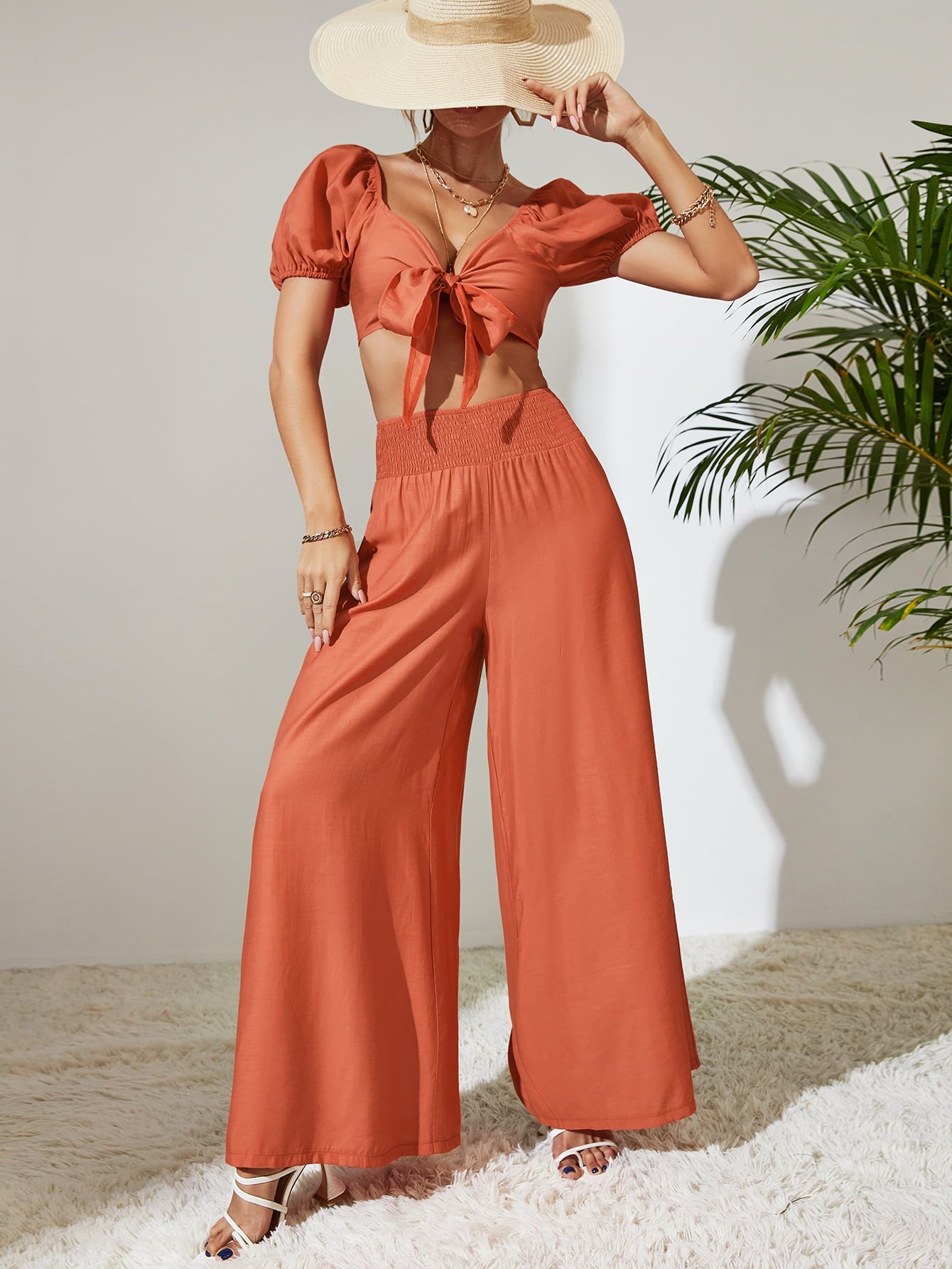 Tie Front Cropped Top and Smocked Wide Leg Pants Set The Stout Steer